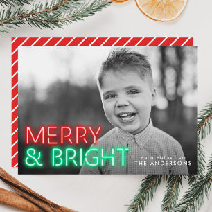 Merry and Bright Red & Green Neon Photo Holiday Card