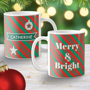 Merry and Bright Red Green Stripes Personalised Coffee Mug