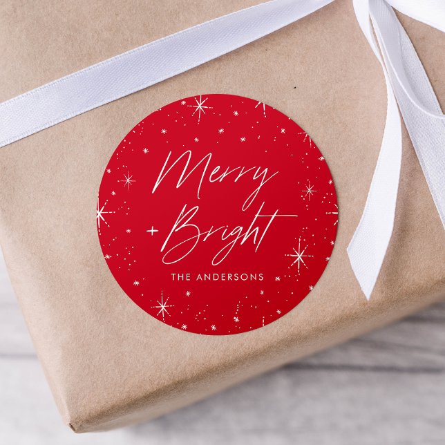 Merry and Bright Red Holiday Classic Round Sticker (Creator Uploaded)