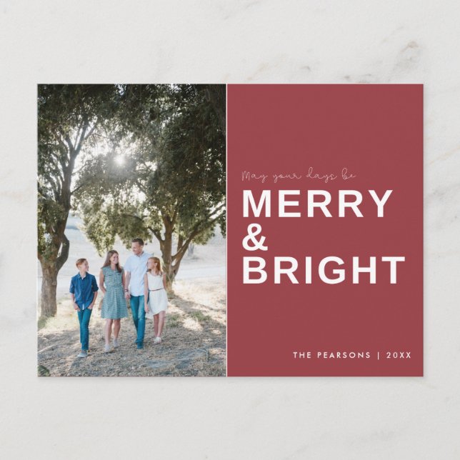 Merry and Bright Red Photo Holiday Postcard (Front)