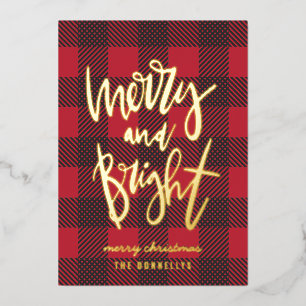 merry and bright red plaid foil script christmas  holiday card