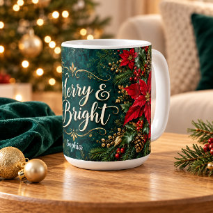 Merry and Bright Red Poinsettia Christmas Coffee Mug