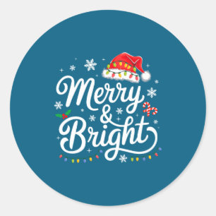 Merry And Bright Red Santa Hat Xmas Lights Holiday Classic Round Sticker