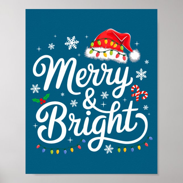 Merry And Bright Red Santa Hat Xmas Lights Holiday Poster (Front)