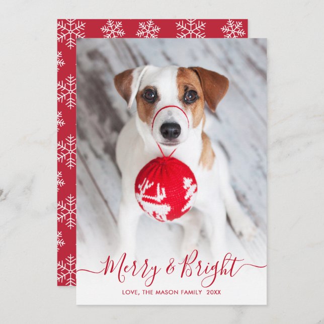 Merry and Bright Red Script One Photo Christmas Holiday Card (Front/Back)