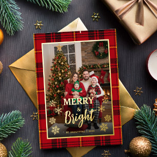 Merry and Bright Red Tartan Plaid Christmas Photo Foil Holiday Card
