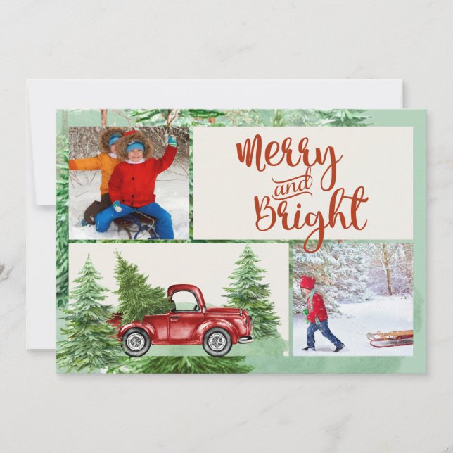 Merry and Bright Red Truck Christmas Photo Card (Front)