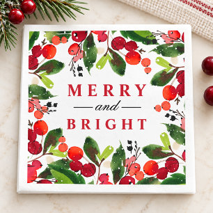 Merry and Bright Red Watercolor Berry Greenery Napkin