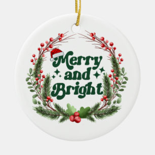Merry and Bright Red White Green Cute Christmas Ceramic Ornament