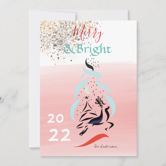 Merry and Bright Reindeer and Tree Christmas Card (Front)