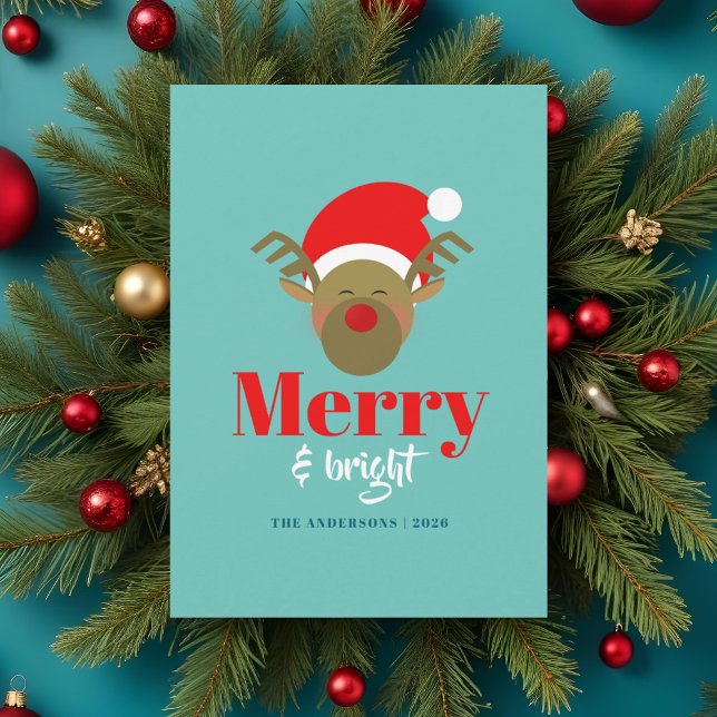Merry and Bright Reindeer Face Christmas Holiday Card (Creator Uploaded)