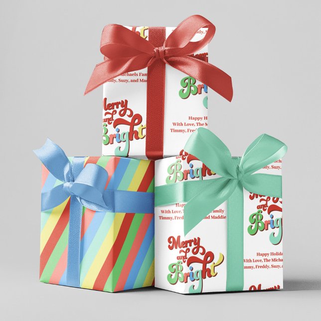 Merry and Bright Retro Christmas Custom Wrapping Paper Sheet (Wrapping paper set with three sheets of gift wrap. )