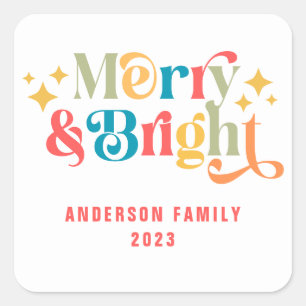 Merry and Bright Retro Colorful Family Square Sticker