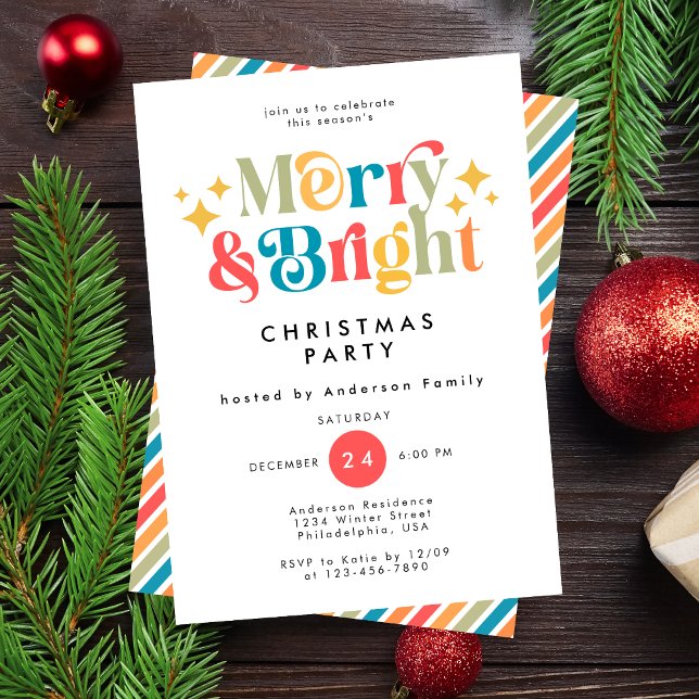 Merry and Bright Retro Colourful Christmas Party Invitation (Creator Uploaded)