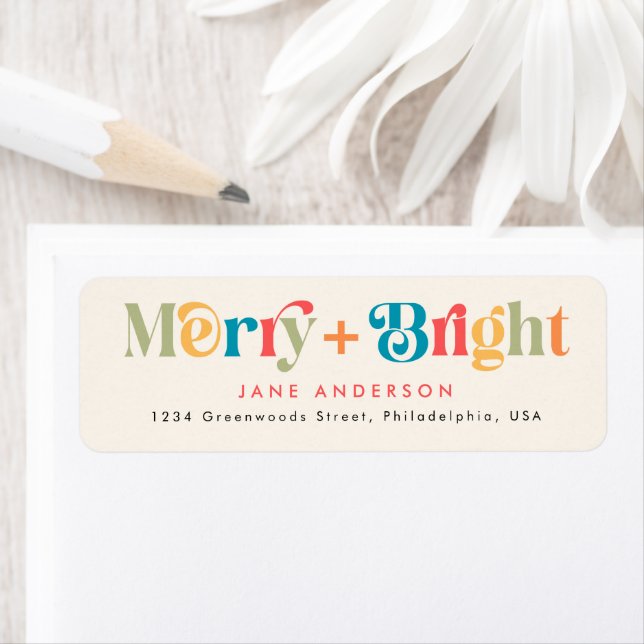 Merry and Bright Retro Colourful Christmas Return  Address Label (Insitu)