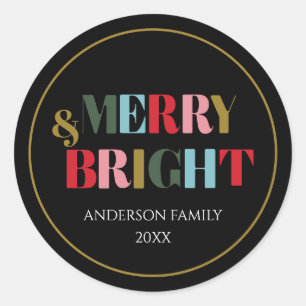 Merry and Bright Retro Colourful Family Ceramic Classic Round Sticker