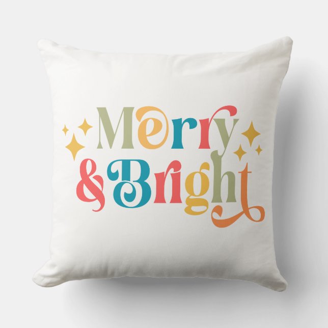 Merry and Bright Retro Colourful Family Photo Cushion (Front)