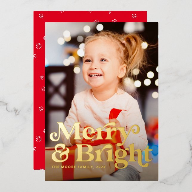 Merry and Bright retro vertical photo Christmas Foil Holiday Card (Front/Back)