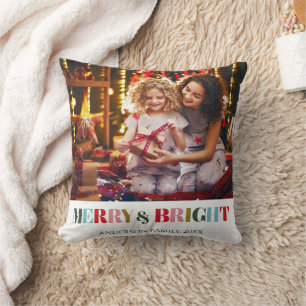 Merry and Bright Retro white Family Photo Ceramic  Cushion