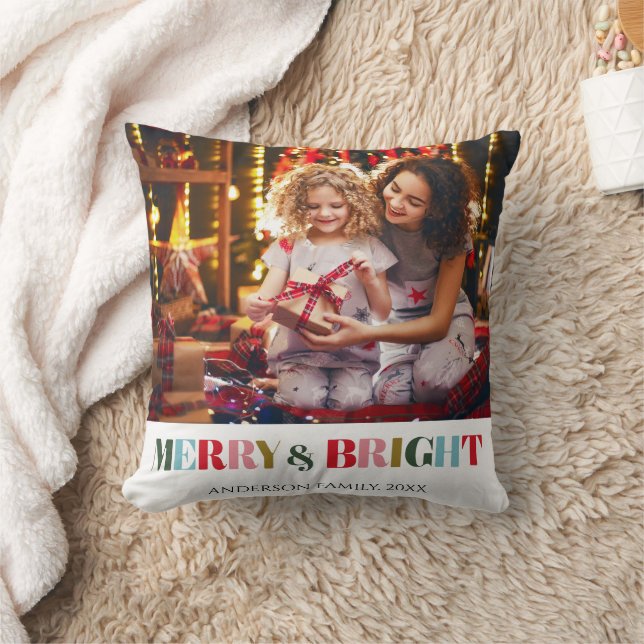 Merry and Bright Retro white Family Photo Ceramic  Cushion (Blanket)