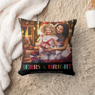 Merry and Bright Retro white Family Photo Ceramic  Cushion