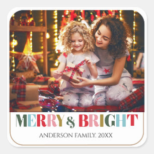 Merry and Bright Retro white Family Photo Ceramic  Square Sticker