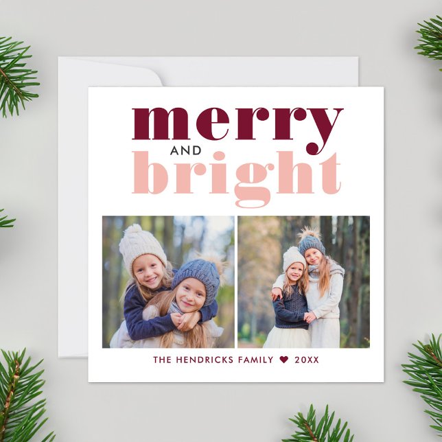 Merry and Bright Rose Gold and Wine Red Photo Holiday Card (Creator Uploaded)