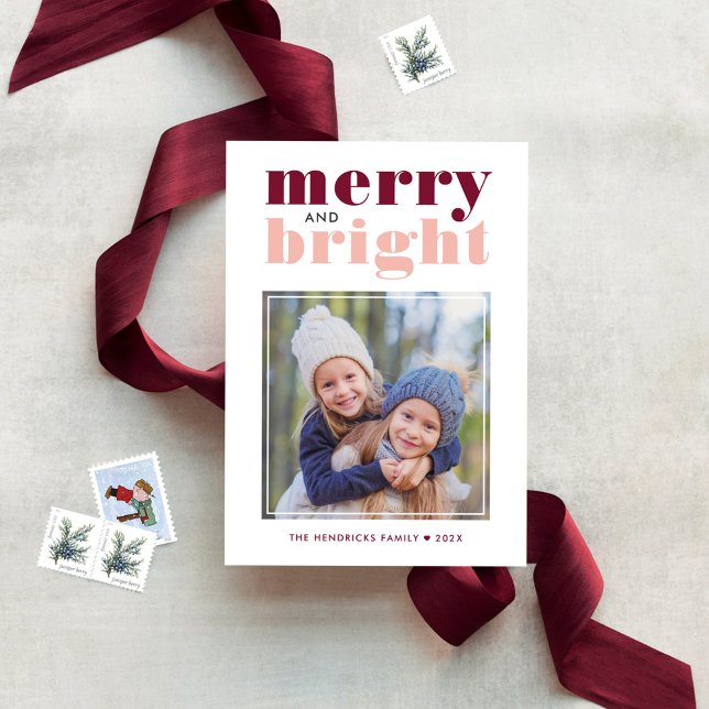 Merry and Bright Rose Gold and Wine Red Photo Holiday Card (Creator Uploaded)