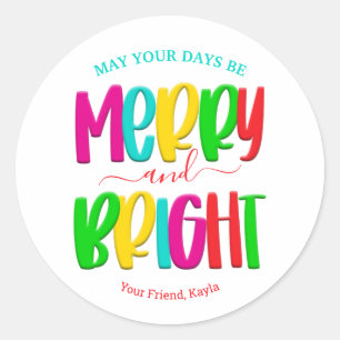 Merry and Bright Round Christmas Sticker