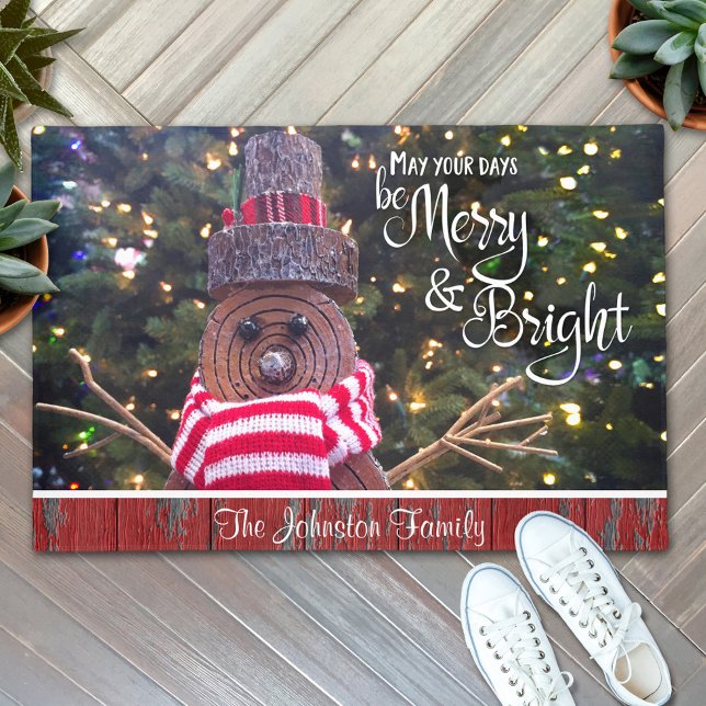 Merry and Bright Rustic Snowman Custom Name Script Doormat (Creator Uploaded)