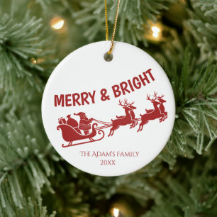 Merry and Bright Santa Sleigh Christmas Photo Ceramic Ornament