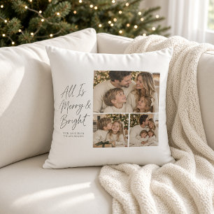 Merry and Bright Script Christmas Three Photo Cushion