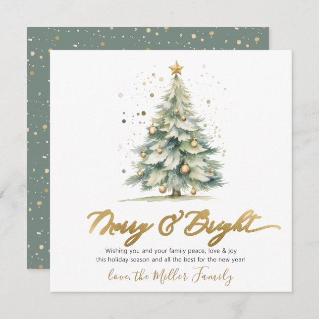 Merry and Bright Script Christmas Tree Non Photo Holiday Card (Front/Back)