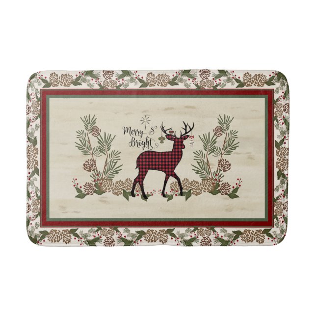 Merry and Bright Script Deer Christmas Pine Cones Bath Mat (Front)