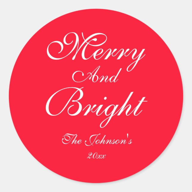 Merry And Bright Script Name Chic Red Christmas Classic Round Sticker (Front)
