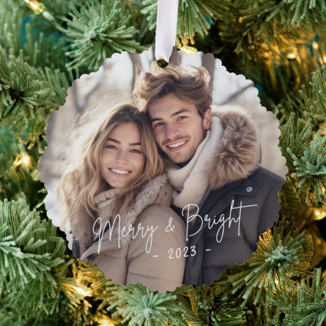 Merry and bright script photo light green tree decoration card (Insitu (Tree))