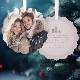 Merry and bright script photo light rose taupe tree decoration card