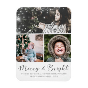 Merry and Bright Script Snow Overlay Photo Collage Magnet