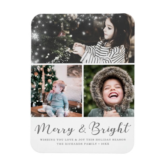 Merry and Bright Script Snow Overlay Photo Collage Magnet (Vertical)