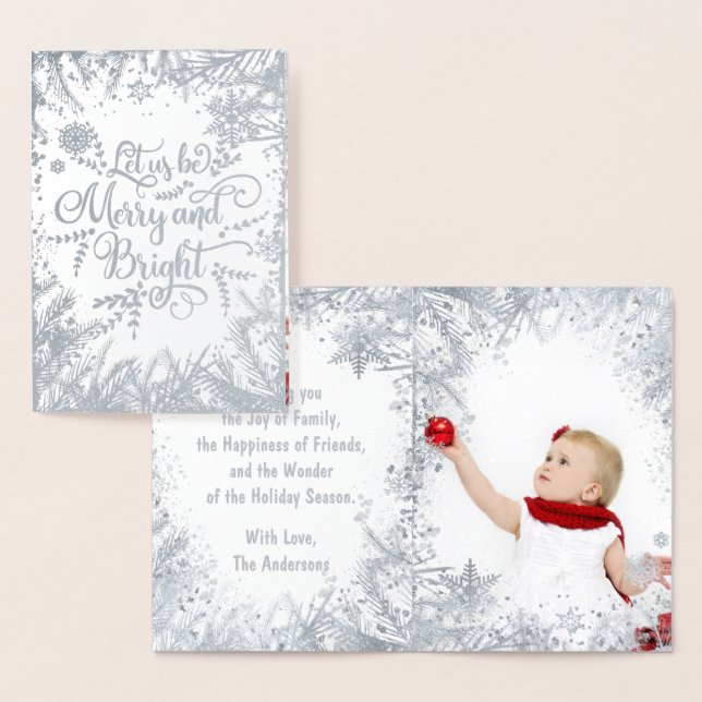 Merry and Bright Silver Real Foil Typography Photo Card (Display)