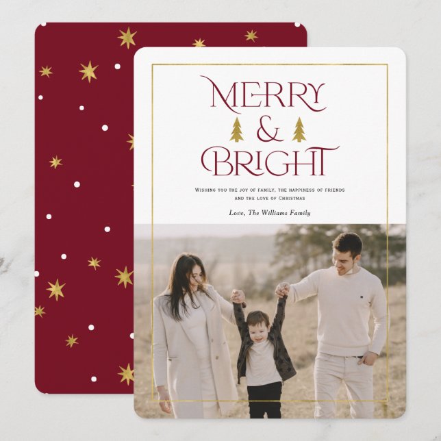 Merry and bright, simple modern red xmas photo holiday card (Front/Back)