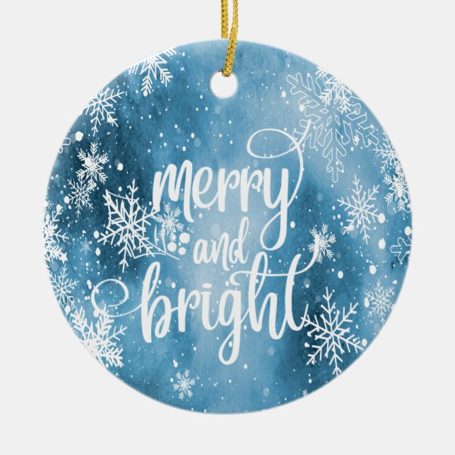 Merry And Bright,Snowflakes,Blue Ceramic Ornament (Front)