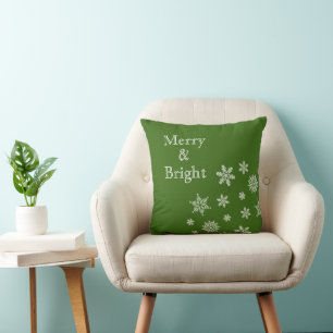 Merry and Bright Snowflakes Green Christmas   Cushion
