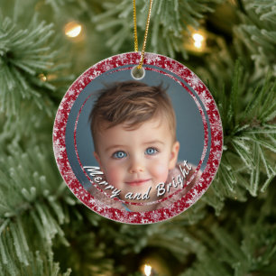 Merry and Bright Snowflakes Red Custom Child Photo Ceramic Ornament