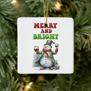 Merry and Bright Snowman Ceramic Ornament