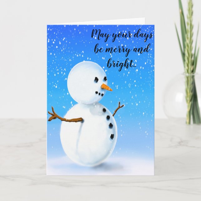 Merry and bright snowman on crisp winter blue sky card (Front)
