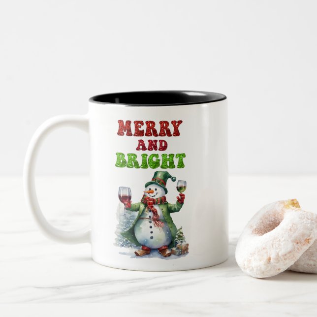 Merry and Bright Snowman  Two-Tone Coffee Mug (With Donut)
