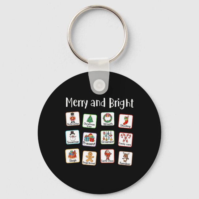 Merry And Bright Speech Therapist AAC SLP Christma Key Ring (Front)
