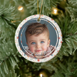 Merry and Bright Stars Custom Child Photo Ceramic Ornament