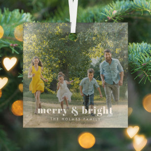 Merry and Bright   Stylish Family Photo Christmas Glass Tree Decoration